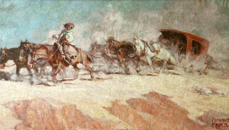 Datos de Obra: Fernando Fader, “Diligencia cruzando el arenal”,1908, óleo sobre tela de 1908, 88x164cm. 