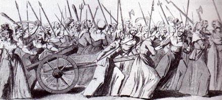 Vendedoras revolucionarias parisienses marchando hacia Versalles en octubre de 1789 </strong><em>(Fuente: Biblioteca Nacional de Pars, publicado en la Historia de las mujeres: una historia propia, vol. 2, Ed. Crtica)