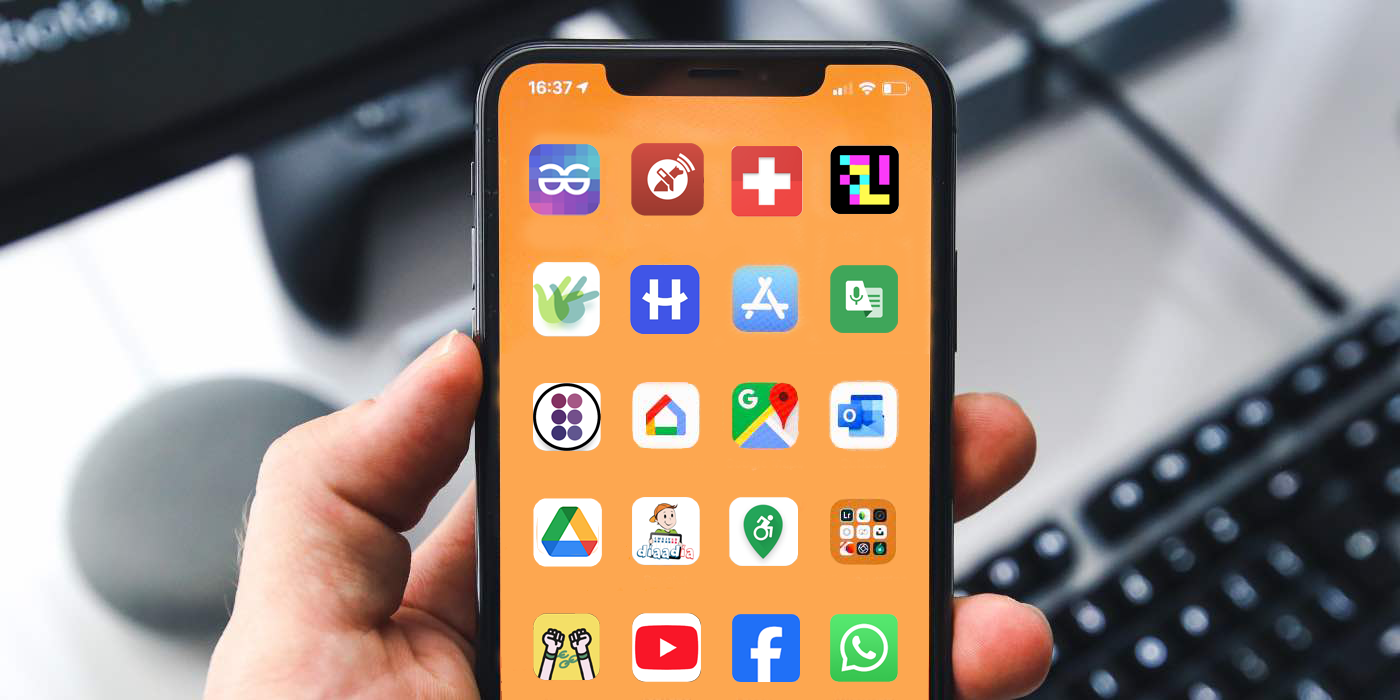 Fotomontaje de un telefono celular con la pantalla mostrando iconos de aplicaciones