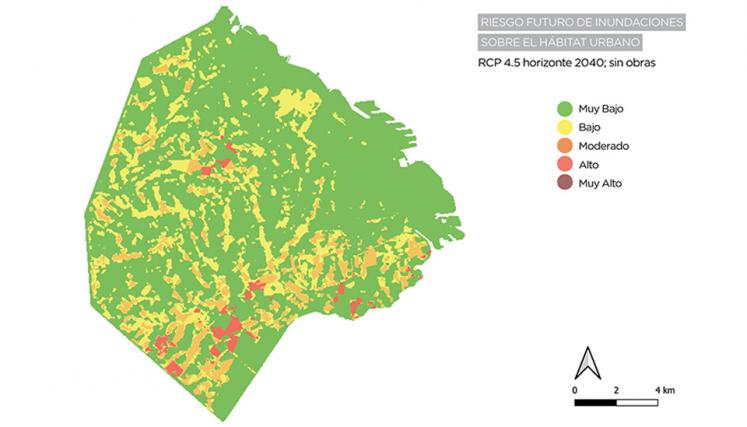 Mapa de riesgo futuro de inundaciones sobre hábitat urbano para RCP 4.5, horizonte 2040, sin obras. 