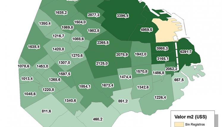 Precio promedio del m2 en dólares en los barrios de la Ciudad de Buenos Aires