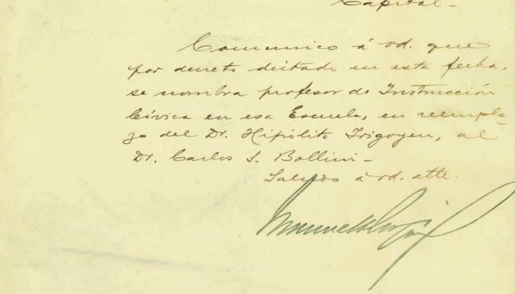 Nombramiento del reemplazante del Dr. Hipólito Yrigoyen al cargo de Profesor de construcción Cívica 10 de marzo de 1905