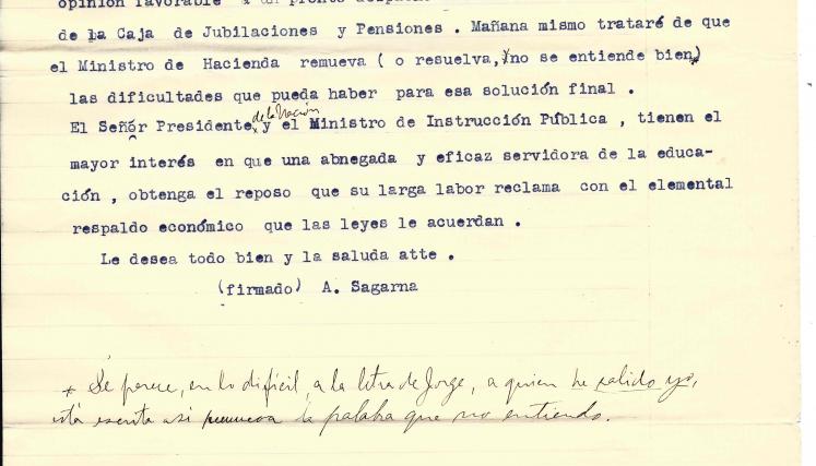 Copia de carta del Ministro de Justicia e Instrucción Pública Antonio Sagarna